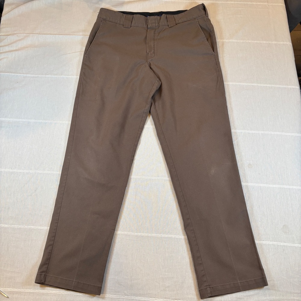 Dickies Flex Slim Taper Work Pants Mens Brown Flat Front Chino Trousers 34x29